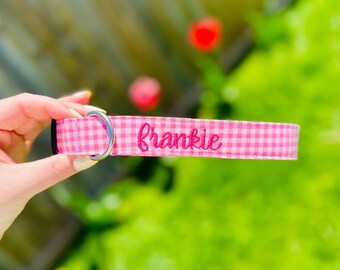 Pink Gingham Dog Collar: Embroidered Name, Personalized Puppy Collar