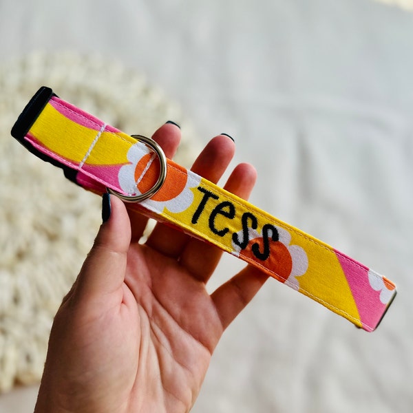 Embroidered Dog Collar: Yellow & Pink Groovy Floral, Personalized Name Collar