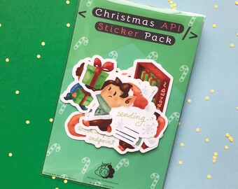 May include: A clear plastic sleeve containing a Christmas API Sticker Pack. The green backing card features white candy cane patterns and the text Christmas API Sticker Pack. Inside are multiple stickers depicting a character with gifts.