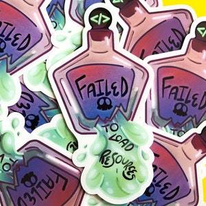 May include: A collection of stickers featuring a cartoon potion bottle design. The bottle is labeled "FAILED" with a skull and crossbones, and "TO LOAD RESOURCES" is written below. The bottle has a code symbol on the stopper.
