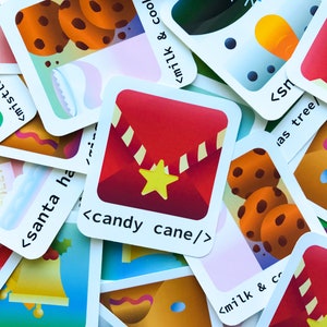 Puede incluir: Una colección de tarjetas con temática navideña con varias ilustraciones. Una tarjeta presenta un sobre rojo con una estrella dorada y el texto "candy cane/". Otras tarjetas muestran galletas, un muñeco de nieve y un árbol de Navidad.