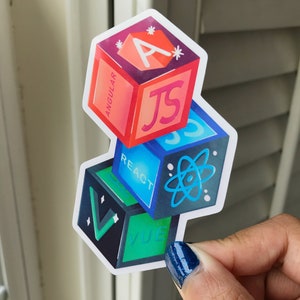 May include: Stack of four colorful blocks with different programming languages and logos. The top block is purple with a white 'A' and the text 'Angular'. The second block is red with a white 'JS' and the text 'JS'. The third block is blue with a white atom symbol and the text 'React'. The bottom block is green with a white checkmark and the text 'Vue'.