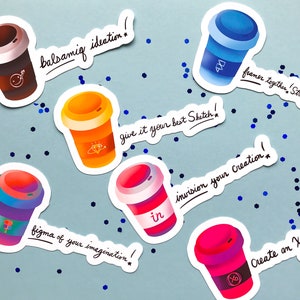 May include: A collection of colorful coffee cup stickers with various designs and text. The stickers feature gradients of blue, orange, pink, and brown. Text includes phrases like "balsamig ideation" and "figma of your imagination!"