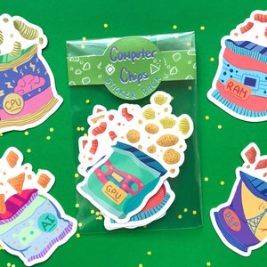 Paquete de pegatinas de chips de computadora - pegatinas divertidas de ciencias de la computación - regalos para geek de computadora - regalos de programador - pegatinas divertidas de papas fritas