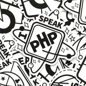 May include: A collection of black and white stickers with various designs. One sticker features the text "I SPEAK PHP" inside a square with an atom symbol. Other stickers have star and circle designs.