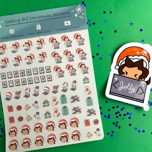 May include: A sticker sheet titled Coding Elf Christmas Stickers featuring various small illustrations of elves wearing Santa hats, laptops, gift boxes, and snowmen, alongside a single larger die-cut sticker of an elf behind a laptop with the text Jolly.