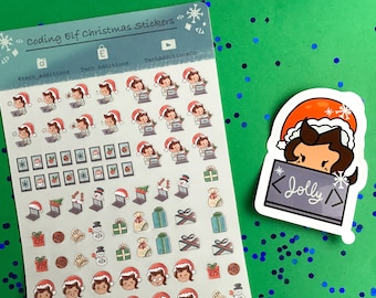 Może przedstawiać: Arkusz naklejek zatytułowany Coding Elf Christmas Stickers zawierający różne małe ilustracje elfów w czapkach Mikołaja, laptopów, pudełek z prezentami i bałwanów, wraz z pojedynczą większą wycinaną naklejką przedstawiającą elfa z napisem Jolly.