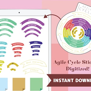 May include: Digital stickers for an agile project management workflow. The stickers are colorful and feature different stages of the agile cycle, including develop, analyze, test, and iterate. The stickers are designed to be used on a digital planner or notebook.