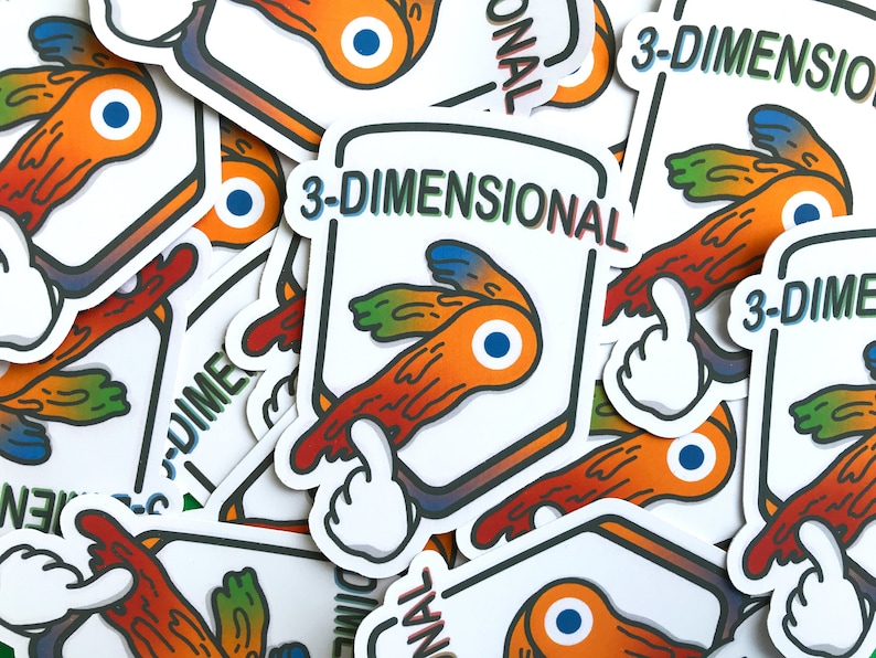 May include: A collection of stickers with a cartoon design. Each sticker features a colorful, abstract shape with an eye and a pointing hand, framed by a white border and the text "3-DIMENSIONAL". The stickers are in shades of orange, green, and blue.