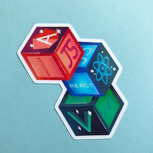 Puede incluir: Una pegatina con cuatro bloques coloridos apilados uno encima del otro. Cada bloque tiene un logotipo y un nombre de lenguaje de programaci&oacute;n diferente: Angular, JS, React y Vue.
