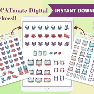 Könnte beinhalten: Drei digitale Stickerbögen mit niedlichen Katzenillustrationen. Der erste Bogen zeigt Katzen mit verschiedenen Gesichtsausdrücken und Accessoires. Der zweite Bogen zeigt Katzen, die Computer, Telefone und Kopfhörer benutzen. Der dritte Bogen zeigt Katzen, die Laptops, Telefone und Kopfhörer benutzen. Der Text "conCATenate Digital Stickers!" und "INSTANT DOWNLOAD!" ist auf dem Bild sichtbar.