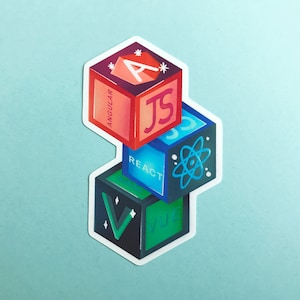 Puede incluir: Pila de cuatro bloques coloridos con los nombres de frameworks JavaScript populares: Angular, React, Vue y JavaScript. Cada bloque tiene un color y un dise&ntilde;o diferente.