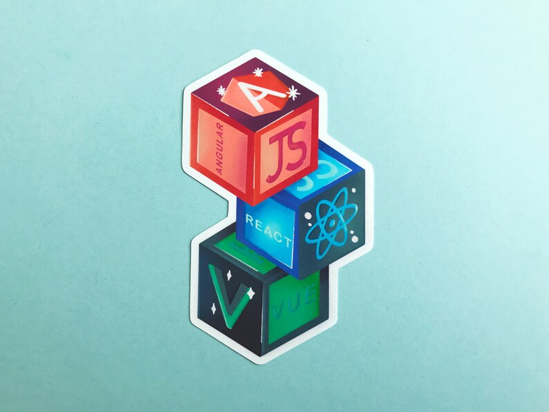 Puede incluir: Pila de cuatro bloques coloridos con los nombres de frameworks JavaScript populares: Angular, React, Vue y JavaScript. Cada bloque tiene un color y un dise&ntilde;o diferente.