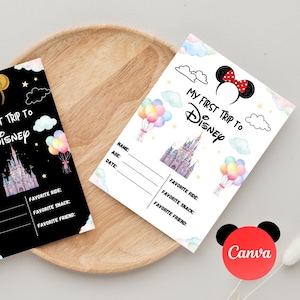 ディズニープリンセスへの初めての旅カード、編集可能なCanvaテンプレート、デジタルダウンロード、女の子向け記入式メモリーカード、ピンクプリンセスデザイン