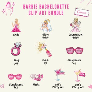 Bundle de cliparts EVJF rose – 25 graphiques PNG pour mariée et future mariée | Décoration de douche nuptiale glamour | Téléchargement sur toile modifiable