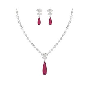 Ensemble collier goutte rouge rubis avec boucles d'oreilles, bijoux de mariée en cristal argenté, cadeau élégant collier de mariage pour femme