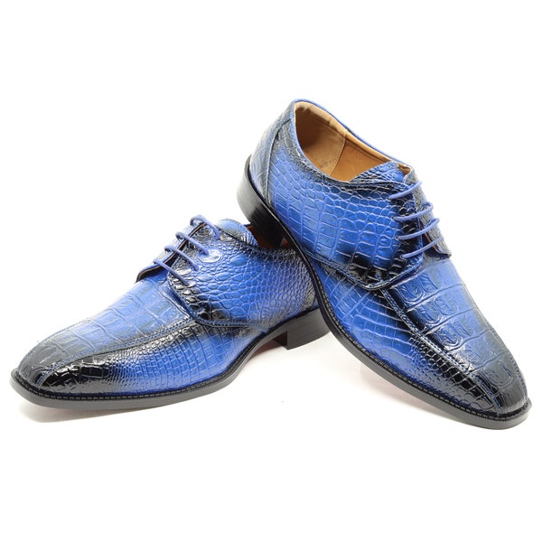 Royal Blue Men's Alligator Crocodile Print Oxford Fashion Lace Up Dress Shoe