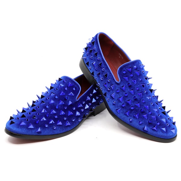 Blue Men's Vintage Spike Designer Classic Smoking Dress Tuxedo Loafers Slip On Shoes