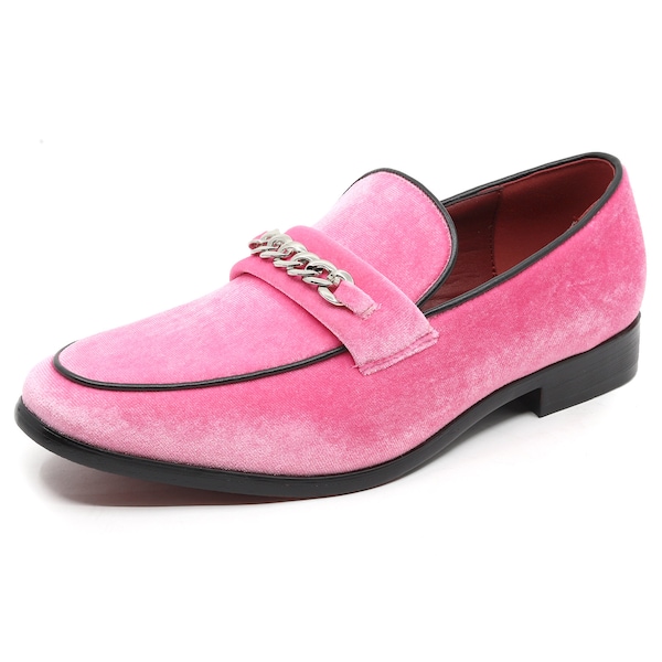 Pink Men's Vintage Chain Buckle Velvet Designer Classic Smoking Dress Tuxedo Loafers Slip On Shoes