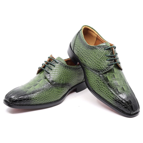 Green Men's Alligator Crocodile Print Oxford Fashion Lace Up Dress Shoe