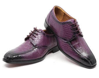 Purple Men's Alligator Crocodile Print Oxford Fashion Lace Up Dress Shoe