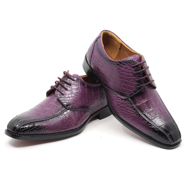 Purple Men's Alligator Crocodile Print Oxford Fashion Lace Up Dress Shoe