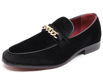 Black Men's Vintage Chain Buckle Velvet Designer Classic Smoking Dress Tuxedo Loafers Slip On Shoes