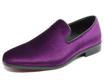 Purple Men's Vintage Velvet Designer Classic Smoking Dress Tuxedo Loafers Slip On Shoes