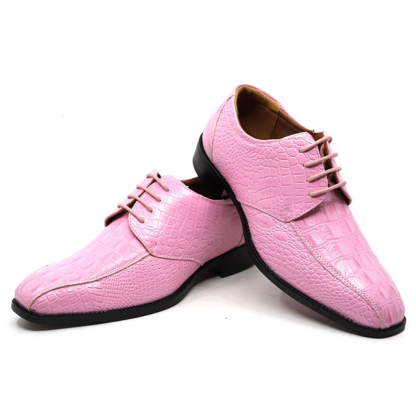 Pink Men's Alligator Crocodile Print Oxford Fashion Lace Up Dress Shoe