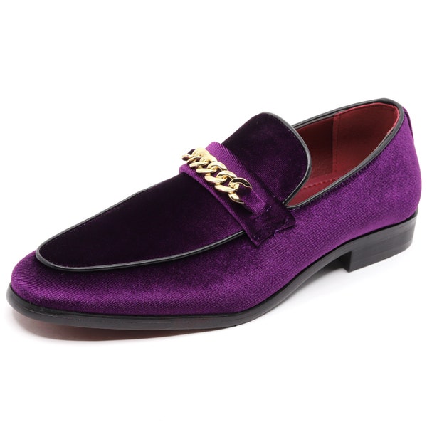 Purple Men's Vintage Chain Buckle Velvet Designer Classic Smoking Dress Tuxedo Loafers Slip On Shoes