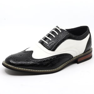 Black White Men's Two Tone Perforated Wing Tip Lace Up Oxford Dress Shoe