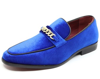 Blue Men's Vintage Chain Buckle Velvet Designer Classic Smoking Dress Tuxedo Loafers Slip On Shoes