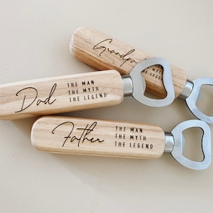 Abridor de botellas personalizado, abridor de cerveza de madera, regalos para papá, la leyenda del mito del hombre, regalo de hijo, regalo de cumpleaños de papá, regalo para él imagen 1