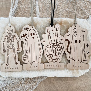 Halloween Name Tags, Boo Basket Tags, Spooky Kid Sign, Modern Party Favor, Cat As Ghost, Skeleton Design, Peace Skeleton, Whimsical Decor