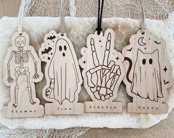 Halloween Name Tags, Boo Basket Tags, Spooky Kid Sign, Modern Party Favor, Cat As Ghost, Skeleton Design, Peace Skeleton, Whimsical Decor