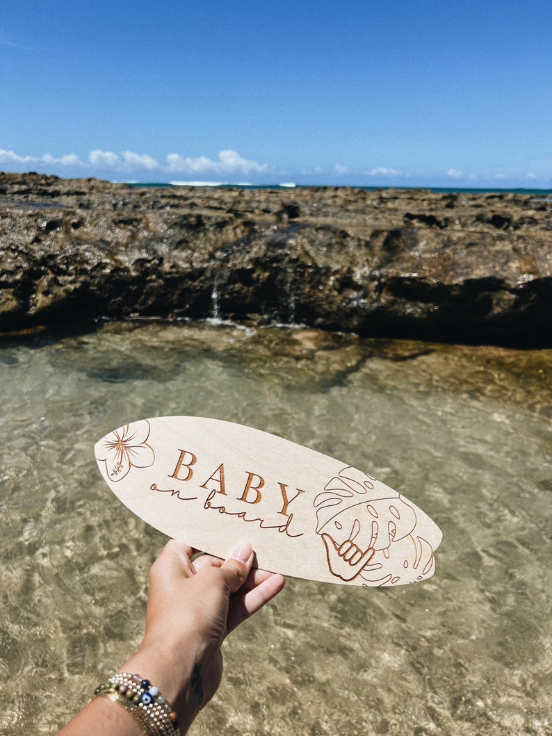 Baby On Board Announcement, Pregnancy Reveal, Surfboard Custom Sign, Surf Nursery Decor, Shaka Hand Signal, Kids Nautical Room Decor image 5