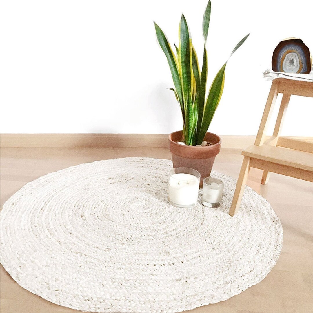 Handbraided White Round Jute Rug 90cm Jute Round Rug / White Jute