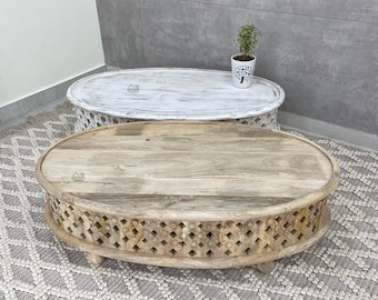 Indian Coffee Table in Natural Finish / Indian Coffee Table / Wooden Coffee Table / Oval Top Coffee Table/ Oval Shape Coffee Table