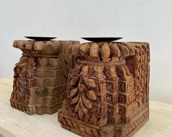 Wooden Indian Antique Carved Candle Holder Pair / Wooden Candle Holder/ Pair of Candle Holder / Multipurpose Candle Holder ( 2 Piece)