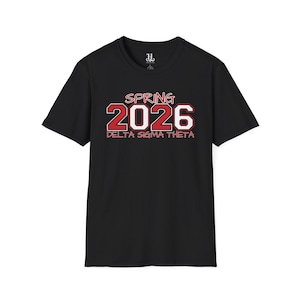 May include: Black t-shirt with the text "SPRING 2026 DELTA SIGMA THETA" in red and white lettering. The shirt has a crew neck and short sleeves. The text is in a collegiate style font.