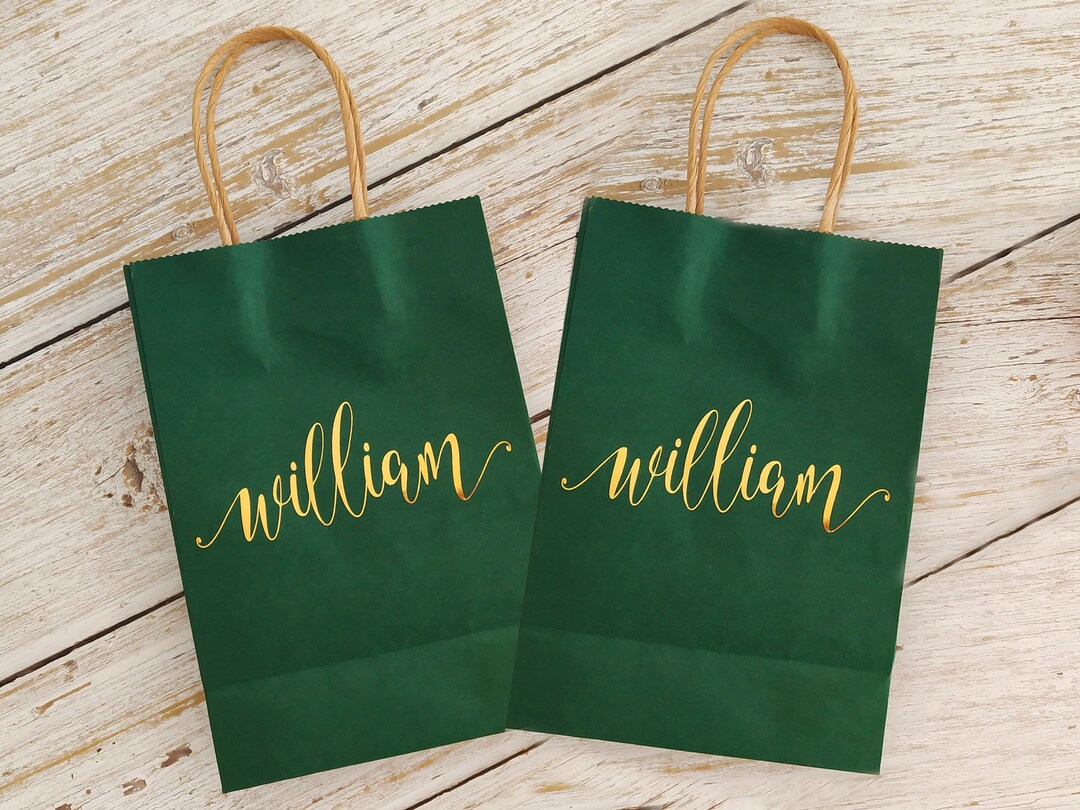 Forest Green Paper Gift Bags, Foil Gold Writing, Name Gift Bag