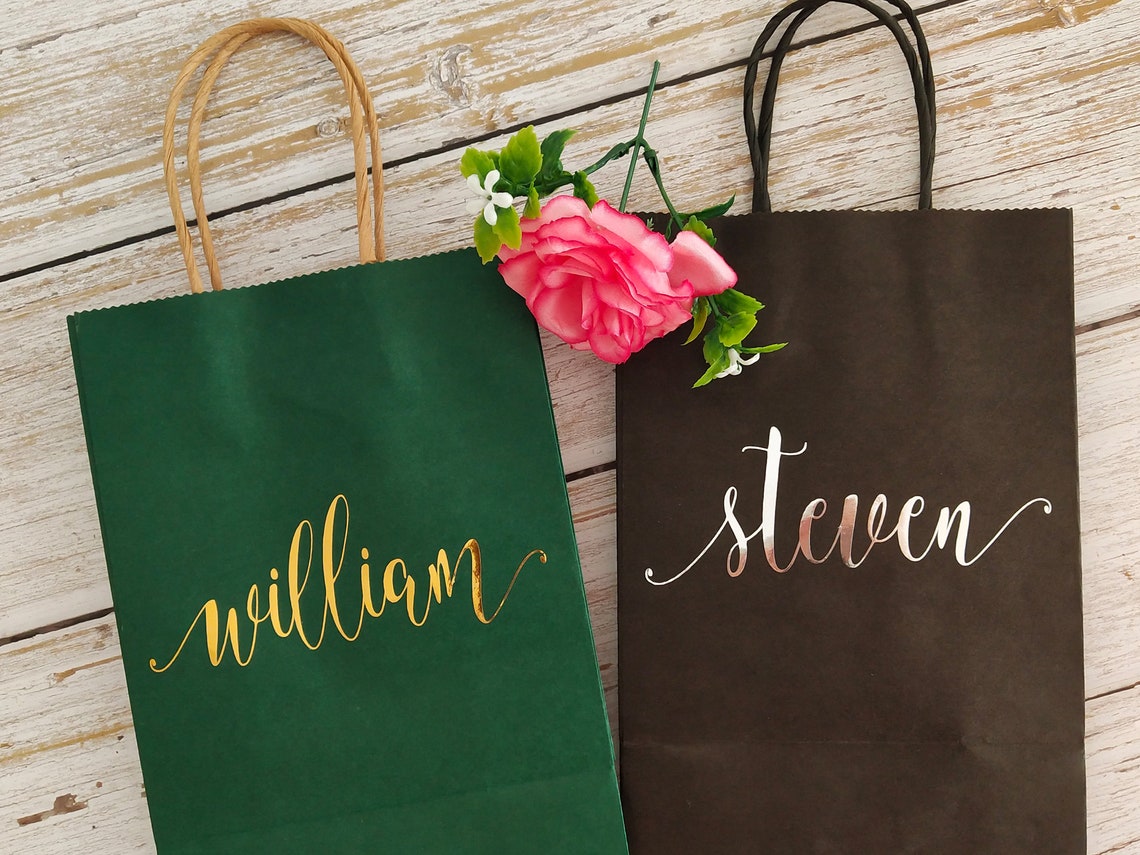 Forest Green Paper Gift Bags, Foil Gold Writing, Name Gift Bag