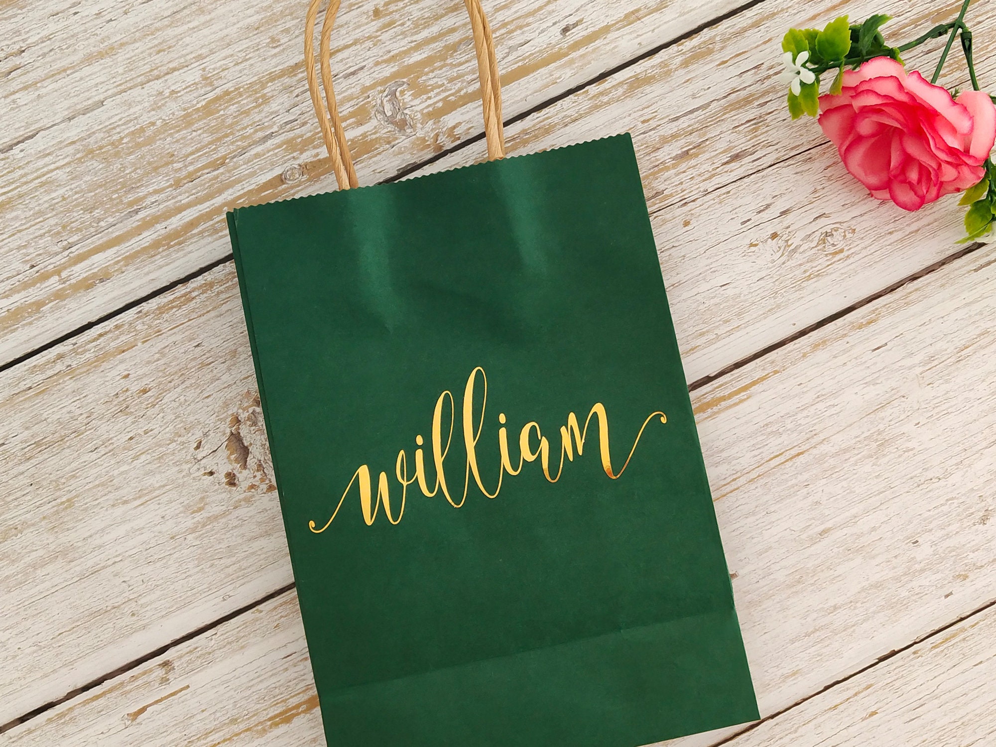 Forest green paper gift bags foil gold writing name gift Etsy