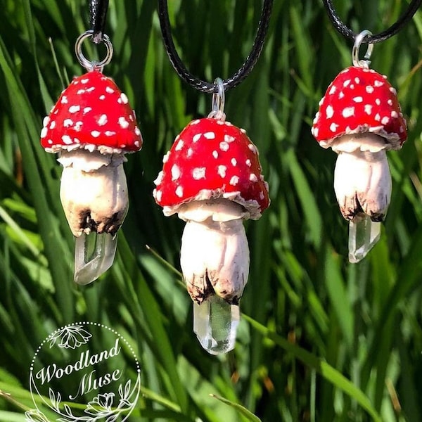 Red Mushroom Pendant, Quartz Crystal Point Necklace, Fly Agaric Mushroom, Crystal Necklace, Mushroom Necklace, Boho Clay Mushroom Pendant