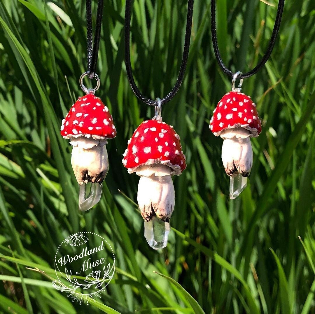Red Mushroom Pendant, Quartz Crystal Point Necklace, Fly Agaric