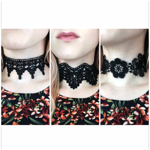 Adjustable Black Lace Choker, Bohemian Boho Victorian Gothic Witch Jewelry, Scalloped Necklace, Bridal Bridesmaid Fabric Flower Choker