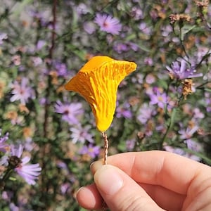 Pode incluir: Um amuleto de cogumelo amarelo com um caule de arame. O amuleto é segurado na mão contra um fundo de flores roxas.