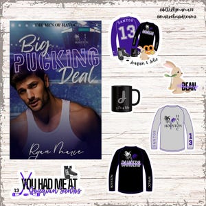 May include: A book cover with a hockey player on the front. The title of the book is "Big Pucking Deal" by Ryan Marie. The book cover is purple, black, and white. There are also several stickers with hockey-themed designs.