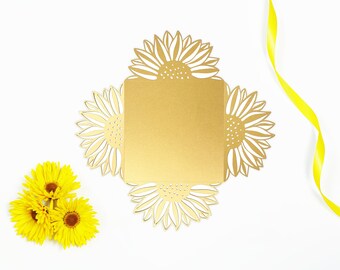 Carpeta de invitación de boda Sunflower Gold Wrap, Invitaciones cuadradas, Gatefold, Pliegue de cuatro solapas, DIY, Floral, Verano, Jardín, Vegetación, Impreso