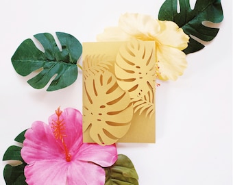 Monstera deja carpeta de conjunto de invitación de boda, invitaciones personalizadas, hojas tropicales, floral, vegetación, jardín, verano, bricolaje, invitación impresa